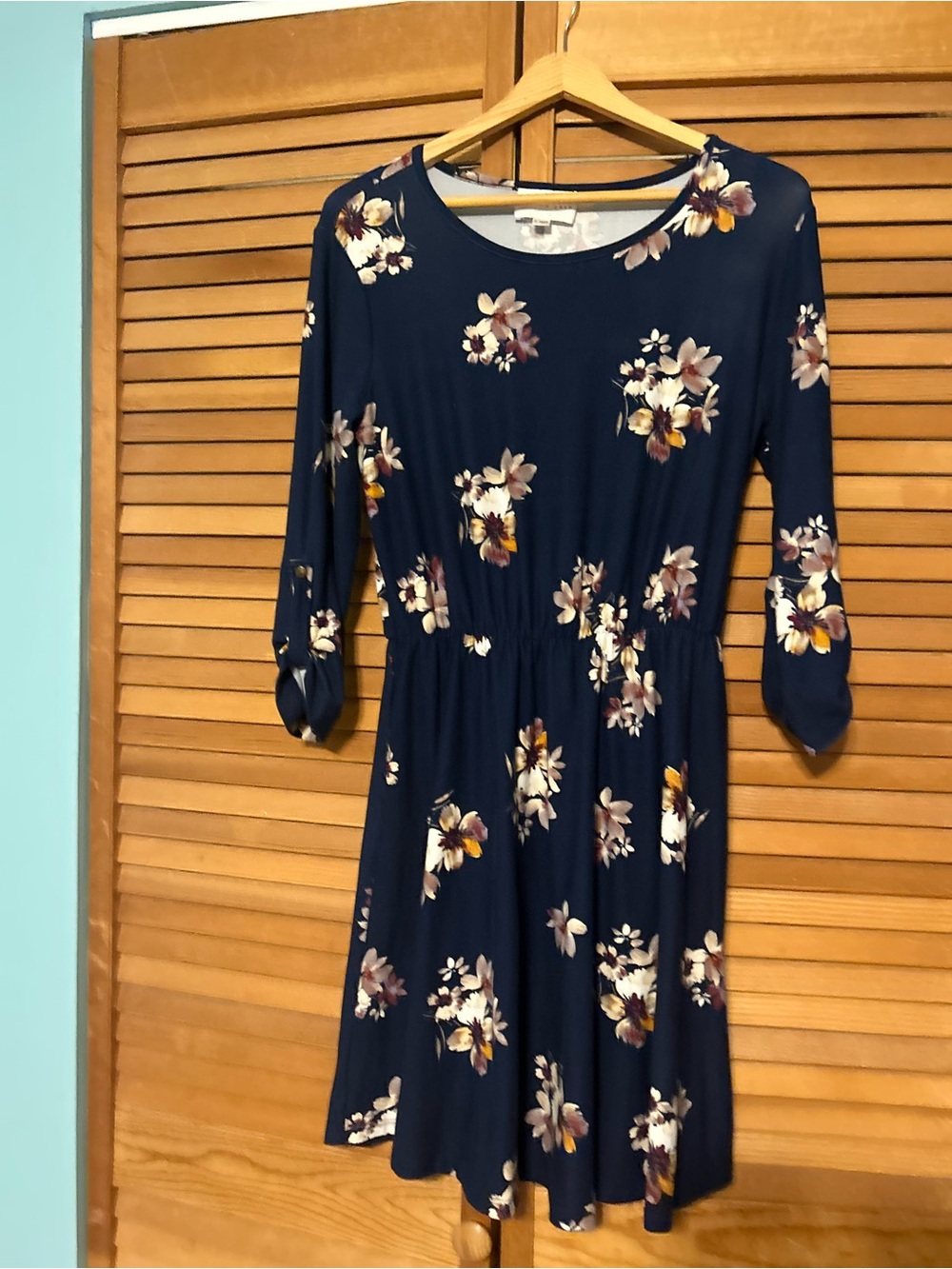 French Grey Navy Floral Elastic-Waist Dress